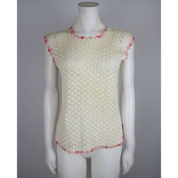VINTAGE 1960s 1970s WOMEN'S CREAM CROCHET DOILIES STYLE PULLOVER SWEATER - S - Picture 1 of 6
